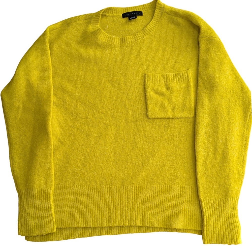 SANCTUARY Chartreuse Yellow Fuzzy Pocket‎ Sweater Wool Viscose Minimalist Cozy S